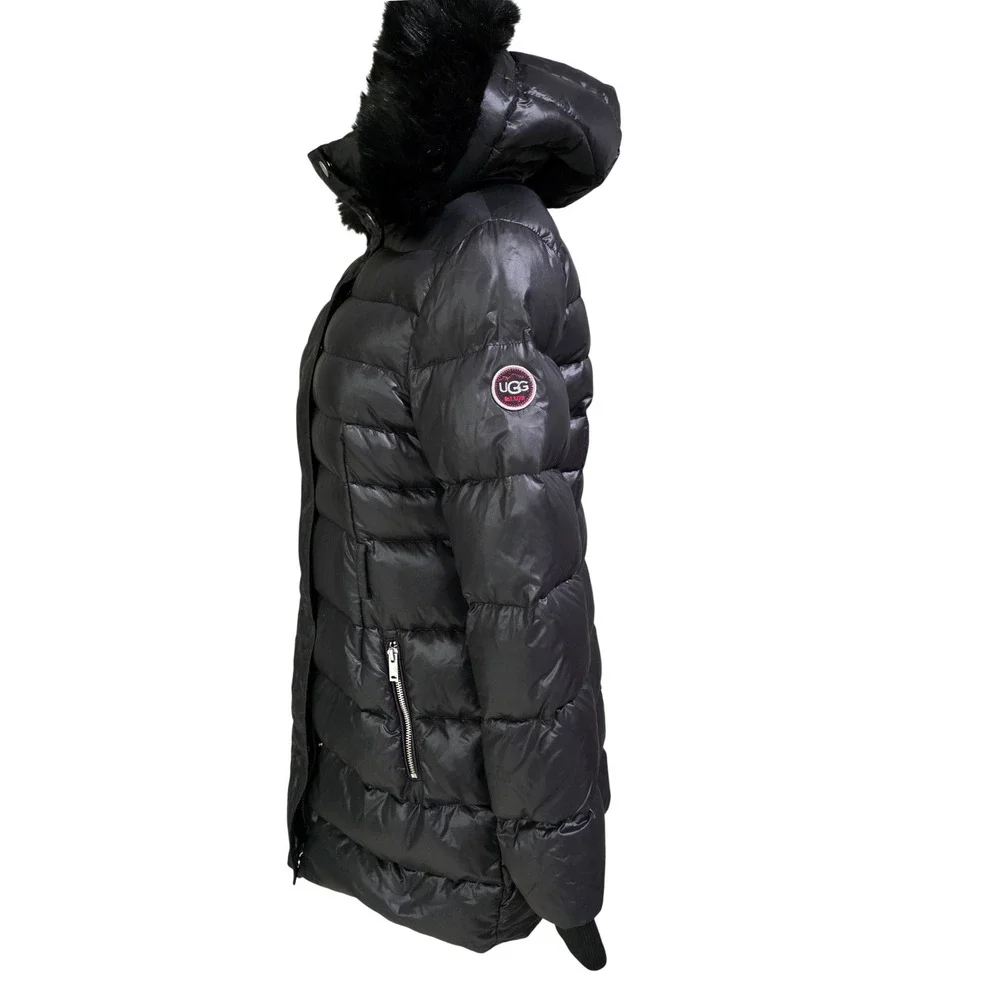 UGG Puffer Jacket Womens S Black Faux Fur Hooded Parka Quilted Zip‎